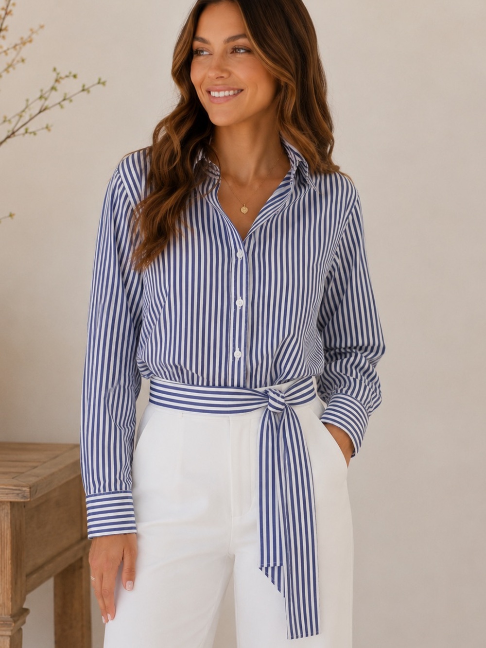 KMJ Blair Boyfriend Fit Blue & White Stripe Button-Down Shirt & Belt